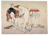 Shunga (春画?) is a Japanese term for erotic art. Most shunga are a type of ukiyo-e, usually executed in woodblock print format. While rare, there are extant erotic painted handscrolls which predate the Ukiyo-e movement. Translated literally, the Japanese word shunga means picture of spring; 'spring' is a common euphemism for sex.<br/><br/>

The ukiyo-e movement as a whole sought to express an idealisation of contemporary urban life and appeal to the new chōnin class. Following the aesthetics of everyday life, Edo period shunga varied widely in its depictions of sexuality. As a subset of ukiyo-e it was enjoyed by all social groups in the Edo period, despite being out of favour with the shogunate. Almost all ukiyo-e artists made shunga at some point in their careers, and it did not detract from their prestige as artists. Classifying shunga as a kind of medieval pornography can be misleading in this respect.